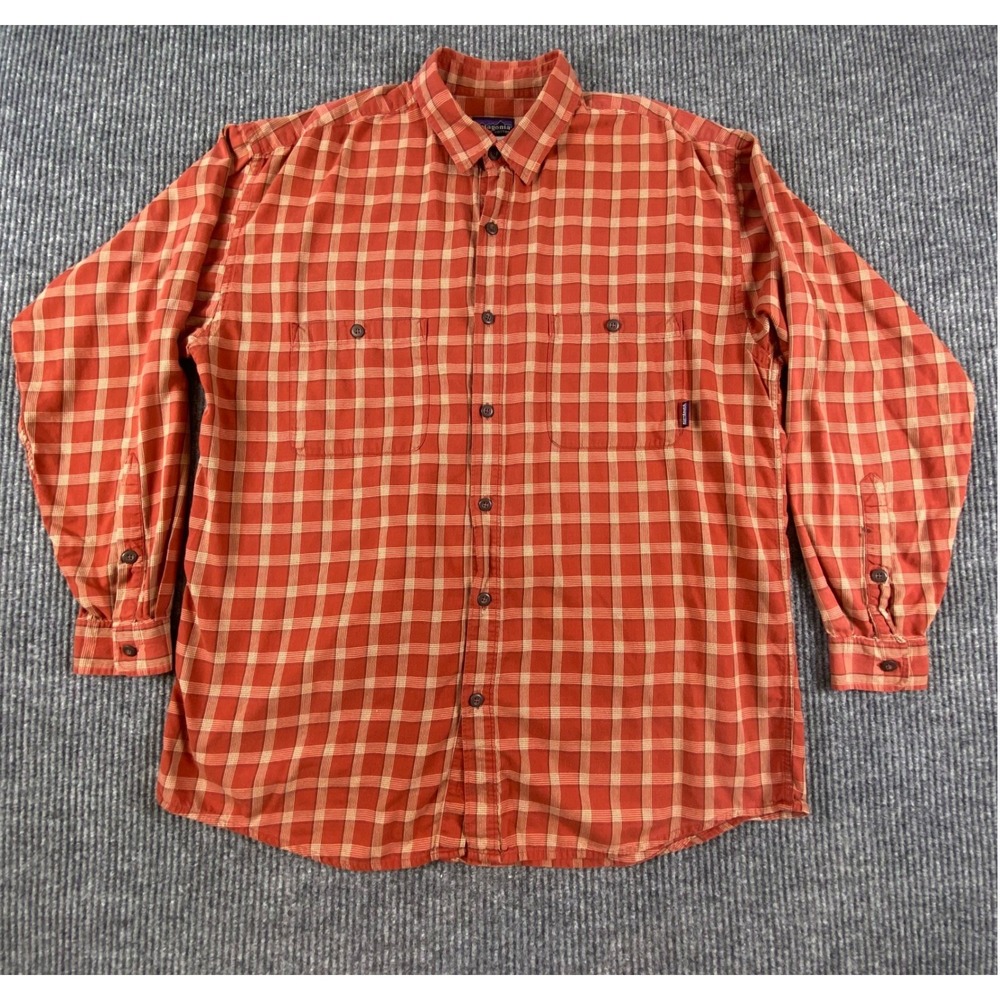 Patagonia Plaid Button Down Mens L Orange Organic Cotton Long Sleeve Gorpcore